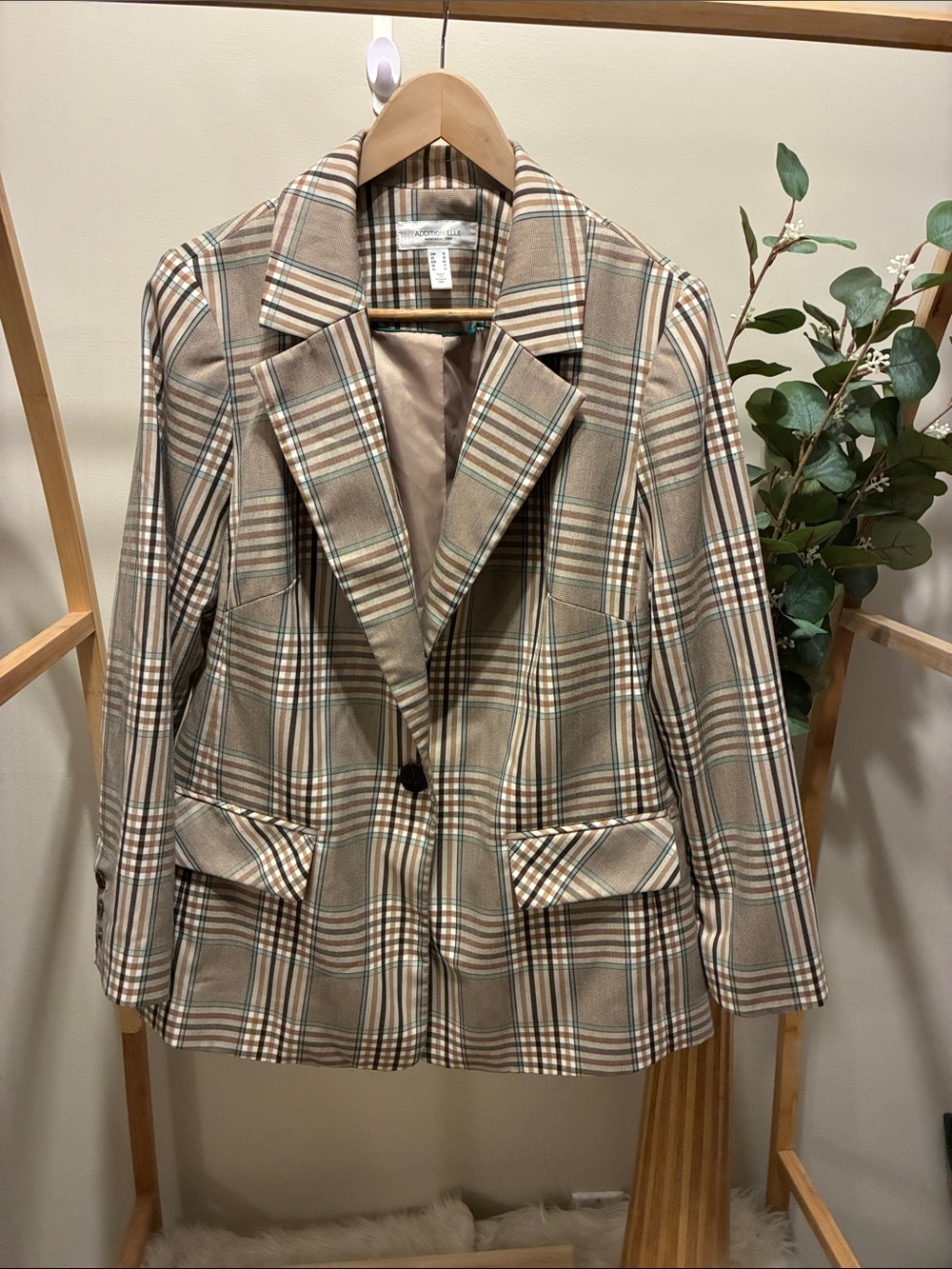 Addition Elle Oversized Beige Plaid Single-Button Blazer